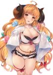  1girl ahoge anila_(granblue_fantasy) bangs bikini blonde_hair blunt_bangs blush bow breasts cleavage collarbone draph eyebrows_visible_through_hair granblue_fantasy hair_bow hair_ornament hair_ribbon highres horns large_breasts layered_bikini leg_ribbon lips long_hair looking_at_viewer mayusaki_yuu navel open_mouth red_ribbon ribbon ribbon-trimmed_bikini sheep_horns short_eyebrows simple_background skindentation smile solo standing swimsuit thick_eyebrows thigh_gap thigh_ribbon towel very_long_hair white_background yellow_eyes 