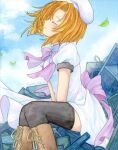  1girl ascot bangs black_legwear blush boots bow dress hat highres higurashi_no_naku_koro_ni junkyard knees_together_feet_apart large_bow neckerchief orange_hair pink_ascot purple_bow ryuuguu_rena short_hair sitting sky smile solo sweet_miuk_tea television thighhighs thighs trash white_dress white_headwear wind 