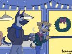  2016 absurd_res anthro artist_name beverage blue_eyes canid canine canis christmas christmas_lights coffee detailed_background digital_media_(artwork) domestic_dog doritohead duo eyes_closed fingers fur german_shepherd hand_in_pocket herding_dog hi_res holidays kaine_lewis male mammal multicolored_body multicolored_fur outside pastoral_dog pockets scarf signature smile tan_body tan_fur teeth tongue two_tone_body two_tone_fur wally_pembroke winter wreath yellow_body yellow_fur 