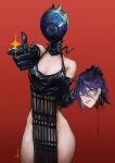  1girl asa_moi bare_shoulders black_hair bomb breasts chainsaw_man cowboy_shot demon_girl green_eyes hair_between_eyes hair_bun highres holding holding_head looking_at_viewer medium_breasts pointing red_background reze_(chainsaw_man) severed_head shirt simple_background sleeveless smile solo 