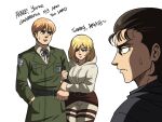  1girl 2boys annie_leonhardt armin_arlert belt blonde_hair blush breasts brown_jacket closed_mouth couple drawing english_text eren_yeager highres hood hood_down jacket locked_arms military military_uniform multiple_boys open_mouth paradis_military_uniform shingeki_no_kyojin simple_background skirt surprised survey_corps_(emblem) sweatdrop tina_fate uniform white_background 