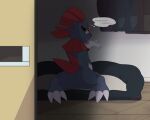  ambiguous_gender anthro butt claws closet dark_body dark_fur digital_media_(artwork) english_text feelin_synful fur gem hi_res licking looking_at_viewer nintendo nude paws personal_grooming pet_bed pok&eacute;mon pok&eacute;mon_(species) red_eyes self_lick smile solo tail text toe_claws tongue tongue_out video_games weavile 
