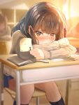  1girl bangs blue_skirt blurry blurry_background blush brown_eyes brown_hair brown_sweater classroom closed_mouth desk ear_blush embarrassed eyebrows_visible_through_hair frown hair_between_eyes hair_ornament hairclip holding indoors long_hair long_sleeves looking_at_viewer miniskirt original pen pleated_skirt school_uniform skirt solo_focus sticker sunset sweater tachiinu 