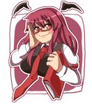  &gt;:) arm_behind_head armband bat_wings bespectacled black_vest blush border breasts collared_shirt cropped_torso detached_wings doyagao glasses hair_between_eyes head_wings juliet_sleeves koakuma long_hair long_sleeves looking_at_viewer medium_breasts necktie one-hour_drawing_challenge outline puffy_sleeves red-framed_eyewear red_background red_eyes red_hair red_necktie renshirenji semi-rimless_eyewear shirt sidelocks simple_background smile smug touhou upper_body v-shaped_eyebrows very_long_hair vest white_border white_outline white_shirt wings 