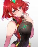  1girl bangs bare_arms bare_shoulders blush breasts brown_eyes closed_mouth commentary_request earrings eyebrows_visible_through_hair hand_up highres jewelry looking_at_viewer medium_breasts one-piece_swimsuit pyra_(xenoblade) red_hair shiny shiny_hair short_hair simple_background sleeveless smile solo swimsuit tarbo_(exxxpiation) tiara upper_body water water_drop wet xenoblade_chronicles_(series) xenoblade_chronicles_2 