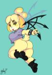  absurd_res animal_crossing anthro big_breasts boots breasts butt canid canine canis clothed clothing domestic_dog female footwear hi_res isabelle_(animal_crossing) mammal nintendo panthera_cantus partially_clothed shirt sketch solo tongue tongue_out topwear video_games wings 