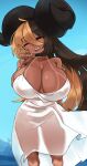  aife big_breasts breasts cleavage clothed clothing dress female hi_res horn horned_humanoid huge_breasts humanoid solo suntan tan_line translucent translucent_clothing translucent_dress zanamaoria 