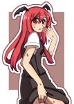  :o arm_behind_head bat_wings black_skirt black_vest blush border clothes_lift collared_shirt cowboy_shot hair_between_eyes head_wings koakuma lifted_by_self long_hair looking_at_viewer necktie one-hour_drawing_challenge open_mouth outline red_background red_eyes red_hair red_necktie renshirenji shirt short_sleeves sidelocks simple_background skirt skirt_lift skirt_set sweat sweating_profusely touhou very_long_hair vest white_border white_outline white_shirt wings 
