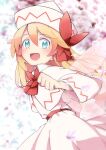 1girl :d bangs blonde_hair blue_eyes blurry blurry_background blush bow bowtie capelet clenched_hand commentary depth_of_field dress eyebrows_visible_through_hair fairy_wings hair_between_eyes hat highres lily_white long_hair long_sleeves looking_at_viewer open_mouth red_bow smile solo symbol-only_commentary touhou white_capelet white_dress white_headwear wide_sleeves wings yutamaro 