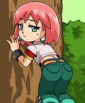  1girl ass beauty_(bobobo-bo_bo-bobo) belt blue_eyes blush bobobo-bo_bo-bobo denim earrings hiru_made_ne-tarou jeans jewelry looking_at_viewer pants pink_hair short_hair solo sweatdrop tree 