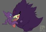  2020 ambiguous/ambiguous ambiguous_gender blue_eyes covering covering_mouth cuddles_(funnybat) digital_drawing_(artwork) digital_media_(artwork) duo feral funnybat fur gengar narrowed_eyes nintendo open_mouth oral pok&eacute;mon pok&eacute;mon_(species) red_eyes sableye sitting size_difference smile smiling_at_each_other standing teeth teeth_showing tongue tongue_out video_games 