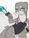  2022 anthro blue_eyes clothed clothing female front_view frown fur grey_body grey_fur hand_on_hip hi_res kemokin_mania lutrine mammal mustelid one-piece_swimsuit portrait solo swimming_goggles swimwear three-quarter_portrait water wet whiskers 