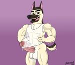  2016 abs absurd_res anthro artist_name balls biceps big_balls big_penis bottomless bottomless_anthro bottomless_male brown_body brown_eyes brown_fur canid canine canis clothed clothing digital_media_(artwork) domestic_dog doritohead erection erection_under_clothing fingers fur genitals german_shepherd herding_dog hi_res kaine_lewis lavender_background looking_at_viewer male mammal multicolored_body multicolored_fur muscular muscular_anthro muscular_male pastoral_dog pecs penis shirt simple_background smile solo standing tan_body tan_fur tank_top teeth tongue topwear translucent vein veiny_muscles veiny_penis wet wet_clothing white_body white_fur 