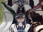  4girls aponia_(honkai_impact) artist_request black_neckwear blush breast_rest breasts breasts_on_head brown_hair closed_eyes commentary eden_(honkai_impact) english_commentary eyebrows_visible_through_hair fingerless_gloves fu_hua gloves green_hair grey_hair head_out_of_frame honkai_(series) honkai_impact_3rd huge_breasts mobius_(honkai_impact) multiple_girls necktie praying red_hair 