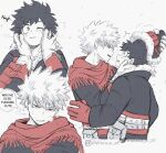  2boys athena_av bag bakugou_katsuki belt blush boku_no_hero_academia breath coat commentary english_commentary english_text eye_contact freckles fur-trimmed_coat fur-trimmed_headwear fur_trim green_eyes hand_on_another&#039;s_arm hands_on_another&#039;s_cheeks hands_on_another&#039;s_face hat highres instagram_logo instagram_username looking_at_another looking_at_viewer male_focus midoriya_izuku multiple_boys multiple_views official_alternate_costume one_eye_closed open_mouth profanity red_eyes red_scarf scarf short_hair simple_background spot_color thought_bubble twitter_logo twitter_username upper_body watermark white_background yaoi 