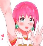  1girl armpits beauty_(bobobo-bo_bo-bobo) blue_eyes blush bobobo-bo_bo-bobo earrings heart highres jewelry kunneko looking_at_viewer open_mouth pink_hair short_hair simple_background smile solo waving white_background 