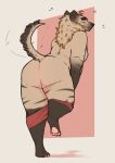  2022 anthro bailey_(securipun) biped black_body black_fur blush bottomwear bottomwear_down butt clothed clothing digital_media_(artwork) digitigrade eyes_closed fur hi_res hyaenid male mammal pants pants_down partially_clothed pawpads pink_background presenting presenting_hindquarters securipun simple_background smile solo striped_body striped_fur stripes tail_motion tailwag tan_body tan_fur white_background 