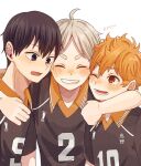  1610aoi 3boys ahoge arm_around_neck black_hair closed_eyes eyebrows_visible_through_hair grey_hair grin haikyuu!! hinata_shouyou kageyama_tobio male_focus multiple_boys one_eye_closed open_mouth orange_eyes orange_hair simple_background smile sportswear sugawara_koushi thick_eyebrows twitter_username volleyball_uniform white_background 