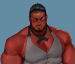  1boy bara beard biceps black_hair bolo_tie close-up collared_shirt dark-skinned_male dark_skin ear_piercing facial_hair formal glasses kuromine_hiraya large_pectorals looking_to_the_side male_focus manly mature_male muscular muscular_male original pectorals piercing red_eyes shirt solo spiked_hair suit thick_arms thick_eyebrows tight upper_body veins 