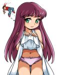  1boy 1girl blood brown_hair clothes_lift dress green_eyes hiru_made_ne-tarou kido_saori long_hair looking_at_viewer navel nosebleed panties pegasus_seiya purple_hair purple_panties saint_seiya simple_background skirt skirt_lift underwear white_background white_dress 