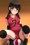  1girl absurdres bangs black_footwear black_hair black_legwear blush braid brown_eyes closed_mouth collarbone crotch elbow_pads eyebrows_visible_through_hair highres knee_pads long_hair looking_at_viewer matsunaga_kouyou original red_shirt red_shorts shirt shorts sitting_on_ball smile socks solo sportswear spread_legs squatting thighs twin_braids volleyball volleyball_uniform wooden_floor 