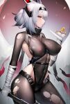  1girl absurdres arknights bangs binggong_asylum black_legwear blush breasts from_side highres holding holding_weapon large_breasts md5_mismatch pantyhose resolution_mismatch scavenger_(arknights) short_hair silver_hair solo source_smaller torn_clothes torn_legwear weapon yellow_eyes 