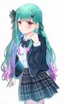  1girl absurdres bow bowtie braid brown_eyes green_hair hair_ornament highres hololive long_hair long_sleeves looking_at_viewer maria_onnette multicolored_hair necktie parted_lips plaid plaid_skirt purple_hair school_uniform skirt solo uruha_rushia very_long_hair virtual_youtuber white_background 