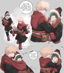  2boys ? adjusting_another&#039;s_clothes artist_name athena_av bakugou_katsuki belt black_coat black_headwear black_pants blonde_hair blush boku_no_hero_academia brown_bag brown_belt brown_gloves closed_eyes coat commentary english_commentary english_text eye_contact firewood freckles full_body fur-trimmed_coat fur-trimmed_headwear fur_trim gloves green_eyes green_hair grey_background hat heart highres holding instagram_logo instagram_username log looking_at_another male_focus midoriya_izuku multiple_boys multiple_views official_alternate_costume open_mouth pants profanity red_eyes red_gloves red_scarf scarf shared_clothes shared_scarf short_hair sleeping smile speech_bubble spiked_hair spoken_question_mark standing talking teeth thought_bubble twitter_logo twitter_username walking watermark yaoi zzz 