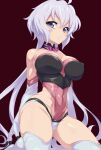  1girl ahoge blush breasts covered_navel covered_nipples elbow_gloves gloves highleg highleg_leotard impossible_clothes kneeling large_breasts leotard light_purple_hair long_hair looking_at_viewer low_twintails parted_lips pink_leotard purple_eyes scrunchie senki_zesshou_symphogear shiny shiny_clothes shiny_hair shiny_skin skin_tight solo thighhighs twintails uganda_(ugandam_00) white_legwear yukine_chris 