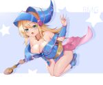  1girl bangs bare_shoulders blonde_hair blue_dress blush_stickers boots breasts cleavage collarbone commentary_request dark_magician_girl dress duel_monster full_body green_eyes hat highres holding large_breasts long_hair looking_at_viewer open_mouth shadow shiny shiny_skin short_dress simple_background solo strapless strapless_dress thighs wand wizard_hat yinori yu-gi-oh! yu-gi-oh!_duel_monsters 