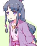  1girl ace_attorney black_hair blush hair_ornament half_updo japanese_clothes jewelry kimono long_hair looking_at_viewer lowres magatama maya_fey necklace open_mouth purple_eyes sensaki_chihiro simple_background solo 