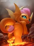  2022 3_toes absurd_res ambiguous_gender anthro butt digital_media_(artwork) dragon eyebrows feet friendship_is_magic hasbro hentwi hi_res horn lava looking_back my_little_pony nude rear_view smolder_(mlp) solo toes wings 