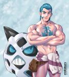  1boy abs bara beard blue_eyes blue_hair crossed_arms facial_hair gaeric_(pokemon) glalie hair_slicked_back highres long_hair male_focus muscular muscular_male navel nipples otokobara pectorals pokemon pokemon_(game) pokemon_legends:_arceus pompadour solo thick_eyebrows topless_male 