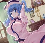  1girl adjusting_hair alternate_hairstyle arms_up blue_eyes blue_hair breasts dress dutch_angle frilled_shirt_collar frills hat indoors jyaoh0731 large_breasts long_hair looking_at_viewer merlin_prismriver mouth_hold pink_dress solo touhou tying_hair window 