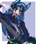 5_fingers abs anthro areola black_body black_fur blue_eyes blue_hair blue_nails blue_nipples blue_nose bodypaint bottomwear braided_hair claws clothed clothing colored_nails devil_horns_(gesture) digital_media_(artwork) ear_piercing ear_ring electric_guitar face_paint fangs felid fingers fur gesture guitar hair hi_res holding_object long_hair machairodontine makeup male mammal muscular muscular_anthro muscular_male musical_instrument nails nipples open_mouth pecs piercing plucked_string_instrument sabertooth_(anatomy) simple_background smile solo standing string_instrument teeth topless umireomi white_body white_fur 