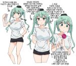  1girl arms_behind_back arrow_(symbol) black_shorts breasts candy commentary eyebrows_visible_through_hair feet_out_of_frame food girls&#039;_frontline green_eyes green_hair hand_on_hip hat highres holding holding_candy holding_food holding_lollipop holding_paper korean_commentary korean_text large_breasts lollipop long_hair looking_at_object micro_uzi_(girls&#039;_frontline) multiple_views paper reading shirt short_shorts short_sleeves shorts sidarim simple_background solo sweatdrop translation_request twintails upper_body wavy_hair white_background white_shirt 