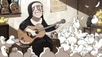  4girls :&lt; acoustic_guitar against_window ball bird blonde_hair blue_eyes bow brown_eyes brown_hair catholic chicken closed_eyes crow crying crying_with_eyes_open diva_(hyxpk) duck duckling feathers frog_headband glasses glasses_nun_(diva) guitar habit half-bang_nun_(diva) hedgehog highres hook-bang_nun_(diva) instrument little_nuns_(diva) multiple_girls music nun playing_instrument pointing poster_(object) protagonist_nun_(diva) red_bow scar scar_across_eye smile star_(symbol) sticker tears yellow_eyes 