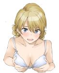  1girl bangs blonde_hair blue_eyes blush bra braid breasts cleavage darjeeling_(girls_und_panzer) elf_(stroll_in_the_woods) girls_und_panzer heart looking_at_viewer medium_breasts medium_hair simple_background solo sweatdrop underwear white_background 