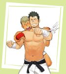  2boys abs bandages bandaid bandaid_on_face bara belt biceps black_hair blonde_hair blush clenched_hands closed_eyes couple facial_hair gloves hakama hug hug_from_behind itto_(mentaiko) japanese_clothes large_pectorals long_sideburns male_focus mature_male multiple_boys muscular muscular_male navel open_mouth original pants pectorals shorts sideburns smile spiked_hair stubble thick_eyebrows topless topless_male yaoi 