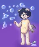  2016 ambiguous_gender anthro archived_source bubble clothed clothing diaper digital_drawing_(artwork) digital_media_(artwork) dipstick_ears dipstick_tail fur gally_(monsterbunny) hair markings monsterbunny multicolored_ears onesie simple_background solo standing tail_markings young 