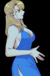  1girl black_background blonde_hair blue_dress breasts cleavage dress from_side fullmetal_alchemist highres large_breasts ozaki_(tsukiko3) red_eyes riza_hawkeye side_slit sideboob solo steepled_fingers yellow_eyes 