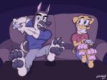  2017 absurd_res anthro artist_name biceps blue_eyes brown_body brown_eyes brown_fur canid canine canis controller detailed_background digital_media_(artwork) domestic_dog doritohead duo feet fingers foot_focus fur furniture german_shepherd herding_dog hi_res inside kaine_lewis male mammal mixed_breed multicolored_body multicolored_fur muscular muscular_anthro muscular_male pastoral_dog short_tail signature sitting smile sofa tan_body tan_fur teeth toes tongue two_tone_body two_tone_fur wally_pembroke yellow_body yellow_fur 