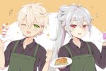  2boys ahoge apron bandaid bandaid_on_face bandaid_on_nose bennett_(genshin_impact) bishounen black_shirt fang food genshin_impact green_apron green_eyes grey_hair highres long_hair male_focus mondstadt_hashbrown_(genshin_impact) multiple_boys nervous one_eye_closed ponytail razor_(genshin_impact) red_eyes shirt short_hair smile sparkle sweat white_hair yukiduki_(yukiduki02) 