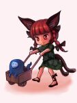  1girl :3 animal_ears bangs blunt_bangs bow braid cat_ears cat_tail chibi dress eyebrows_behind_hair full_body green_dress hair_bow hitodama kaenbyou_rin multiple_tails nekomata red_eyes red_hair simple_background skull smile solo tail touhou twin_braids two_tails walking wheelbarrow white_background withpote 