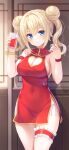  1girl barbara_(genshin_impact) blonde_hair blush breasts china_dress chinese_clothes cleavage cleavage_cutout clothing_cutout covered_navel cowboy_shot cup double_bun dress drinking_glass drinking_straw genshin_impact hair_bun hair_twirling heart highres kageira looking_at_viewer panties panty_peek red_dress side-tie_panties sideboob sleeveless sleeveless_dress smile thigh_strap twintails underwear wristband 