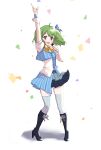  1girl belt black_belt black_footwear blue_jacket blue_skirt boots bow confetti eyebrows_visible_through_hair green_hair high_heel_boots high_heels highres holding holding_microphone idol jacket macross macross_frontier microphone mintpompom pointing pointing_up ranka_lee red_eyes shirt short_hair skirt sleeveless sleeveless_jacket smile solo white_background white_shirt wrist_cuffs yellow_bow 