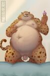 2022 anthro balls belly benjamin_clawhauser big_belly cheetah cupcake disney felid feline food genitals humanoid_genitalia humanoid_hands humanoid_penis male mammal moobs navel nipples obese obese_male overweight overweight_male penis small_penis solo themorghull zootopia 