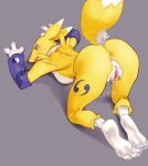  all_fours anthro anus armwear ass_up bandai_namco blush bodily_fluids breasts bridal_gauntlets canid canine censored clothing digimon digimon_(species) female fur genital_fluids genitals grey_background gudlmok99 hi_res looking_back mammal mosaic_censorship pussy pussy_juice renamon simple_background solo white_body white_fur yellow_body yellow_fur yin_yang 