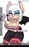  anthro big_breasts breasts ch4ng3 chiropteran cleavage clothed clothing english_text female hi_res legwear mammal rouge_the_bat sega simple_background solo sonic_the_hedgehog_(series) text thigh_highs white_background 