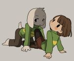  1boy 1other asriel_dreemurr bangs black_legwear blush bob_cut brown_footwear brown_hair brown_pants chara_(undertale) food furry furry_male green_shirt grey_background heart long_sleeves looking_at_viewer medium_hair multicolored_shirt pants semi_kon shirt simple_background tail turtleneck undertale white_fur yellow_shirt 